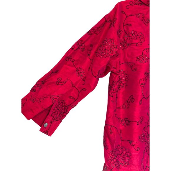 Bleu Bayou Dupioni Silk Womens Red Floral Tunic Shirt Size M Hand Embroidered - Picture 6 of 7